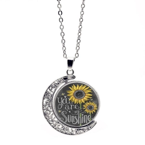 Collier Pendentif Lune en Alliage Vintage Avec Tournesol Rotatif Message You Are My Sunshine Cabochon en Verre Femme