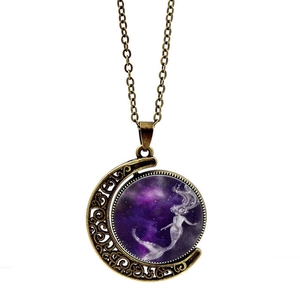 Vintage mermaid moon pendant necklace with rotating double-sided glass gem and bronze chain