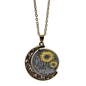 Collier vintage soleil tournant avec pendentif lune et gravure You are my sunshine