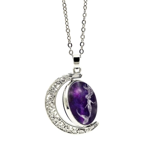 Rotating mermaid moon pendant necklace with purple nebula design in silver alloy