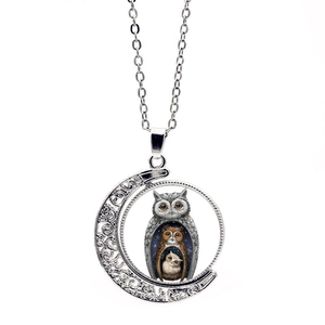 Collana con Ciondolo a Forma di Gufo Luna Vintage Rotante a Doppia Faccia Gemma del Tempo in Lega di Vetro per Donna Gioielli