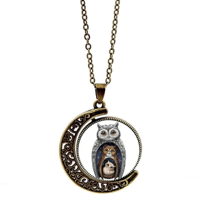 Collana vintage con gufo in bronzo, pendente a luna rotante e illustrazione