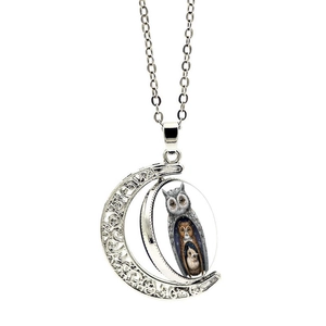 Collana con ciondolo a luna e civetta rotante bifacciale in argento vintage e gemma