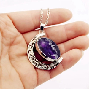 Creative silver moon pendant necklace with purple starry sky and mermaid silhouette