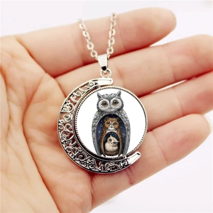 Collana con ciondolo a luna rotante a doppia faccia con illustrazioni artistiche di gufo
