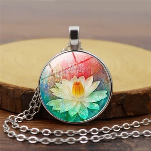 Vintage Alloy Round Glass Cabochon Necklace With Mandala Lotus Pattern Pendant Long Sweater Chain Artistic Women Jewelry