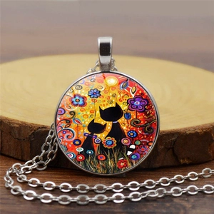 Retro Alloy Glass Cabochon Pendant Necklace For Women Cute Black Cat Floral Art Illustration Round Charm Chain Fashion Jewelry Gift