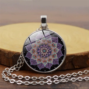 Collana con Pendente in Vetro Cabochon a Forma di Fiore Mandala Yoga Catena in Lega Vintage Gioielli per Meditazione Unisex