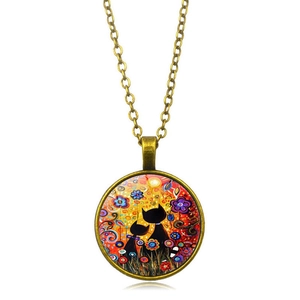 Bohemian bronze round necklace with cute black cat and floral glass gem pendant