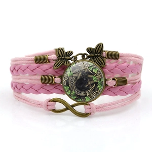 Pink multilayer woven Wicca bracelet with black cat glass cabochon and infinity charm
