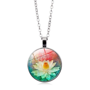 Bohemian crystal time gem necklace with pink lotus pendant and silver chain jewelry