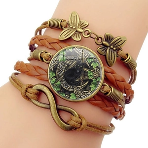 Vintage Wicca Black Cat Time Gem Multi-layer Braided Bracelet Butterfly Infinity Faux Leather Handmade Jewelry For Women