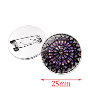 Gothic rose window glass dome brooch pin in silver metal base with 25mm diameter