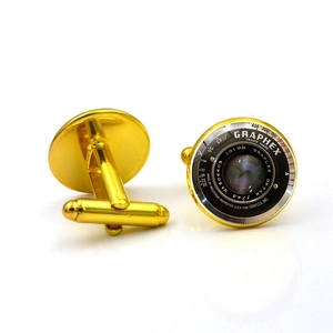 Vintage camera lens design gold cufflinks with Graphex detail and bullet back closure