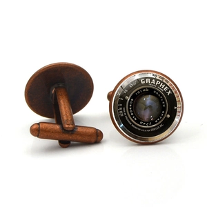Vintage bronze camera lens cufflinks with Graphex and Graflex Optar design detail