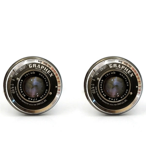 Classic silver camera lens cufflinks with vintage Graphex 101mm industrial design