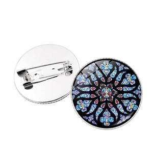 Notre Dame rose window glass brooch with blue floral pattern and silver metal pin