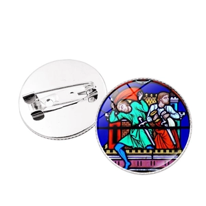 Artistic Notre Dame rose window brooches with medieval figures in stained glass style