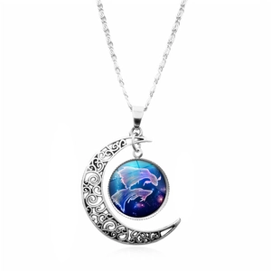 Silver crescent moon necklace with Pisces zodiac sign glass pendant on white background