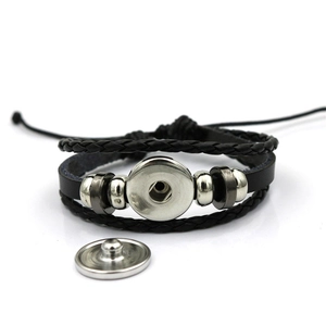 Multilayer black leather and woven soccer bracelet with snap button metal charm