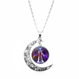 Detailed view of silver moon pendant necklace with glowing purple constellation glass gem