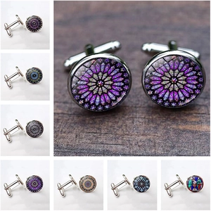 Vintage Round Men Cufflinks Silver Alloy Glass Dome Notre Dame Rose Window Stained Glass Gothic Formal Shirt Accessories Gift