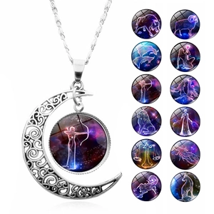 Vintage Silver Color Hollow Moon Twelve Zodiac Sign Pendant Necklace Time Gem Glass Cabochon Constellation Jewelry Gift