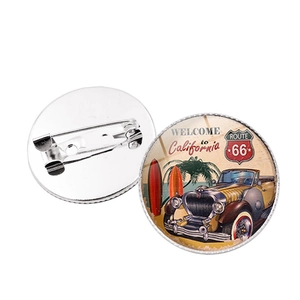 American Vintage Route 66 Alloy Glass Pin Brooch Classic Road Trip Graphic Round Badge For Travel Daily Clothes Jewelry