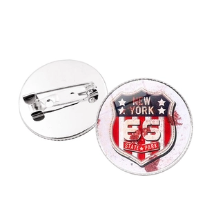 Retro New York 66 State Park round metal brooch pin shown from front and back view