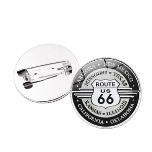 Vintage Route 66 stainless steel pin badge featuring 8 iconic American state names