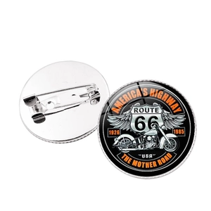 Detail view showing front and back of Route 66 motorcycle theme glass gem brooch pin