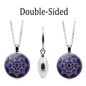 Détails du collier avec pendentif mandala en verre double face et chaîne en argent