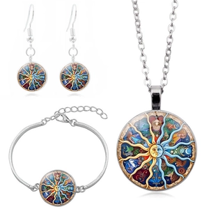 Bijoux Vintage Signes du Zodiaque Soleil Lune Gemme du Temps Alliage Verre Pendentif Collier Boucles d'oreilles Bracelet Femmes