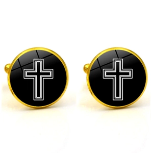 Gold-plated round cufflinks with black inlay and white cross pattern for men