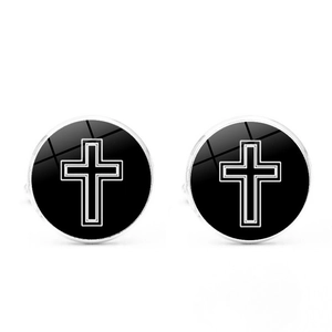 Classic silver and black round cufflinks with cross pattern for formal shirts