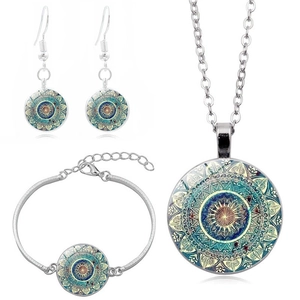Collier Bracelet Et Boucles d'Oreilles En Alliage Cabochon De Verre Fleur Mandala Bohème Pour Femmes Style Ethnique Bijoux Argent Vintage