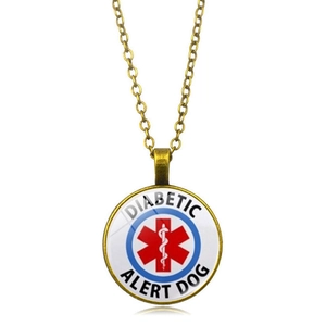 Dettaglio macro della collana in bronzo con allerta medica e simbolo Diabetic Alert Dog