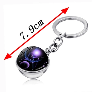 Zodiac Libra double-sided crystal ball keychain with purple starry sky pattern, 7.9cm length