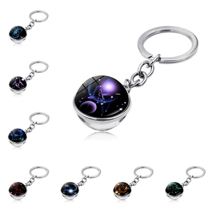 12 Zodiac Sign Keychain Creative Galaxy Constellation Glass Ball Pendant Silver Alloy Key Ring For Backpack Birthday Gift