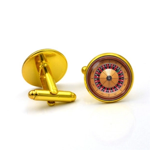 Detailed close-up of gold-tone roulette wheel cufflinks for men's business dress shirts