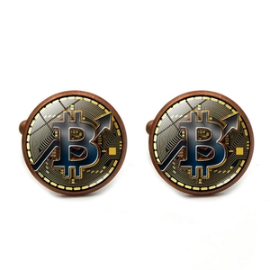 Antique bronze Bitcoin cufflinks with glass dome and circuit board design for men