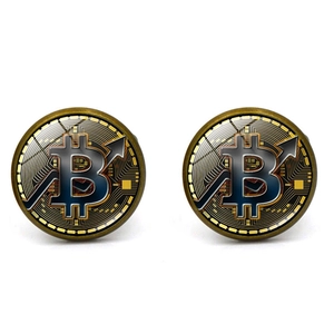 Bitcoin logo cufflinks with circuit board pattern and rising arrow in bronze finish