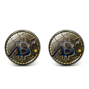 Macro detail of round Bitcoin cufflinks with B logo and circuit pattern on white background