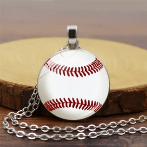 Baseball Pattern Glass Cabochon Necklace Sport Themed Round Alloy Pendant Necklace For Women Men Casual Jewelry Gift