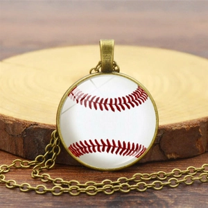 Vintage baseball pattern glass pendant necklace with antique bronze chain for women