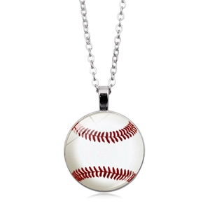 Detailed macro view of the silver baseball pattern pendant necklace with a glass dome cover