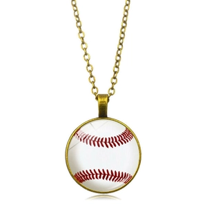 Close-up of baseball pattern glass pendant with retro gold chain for sports enthusiasts