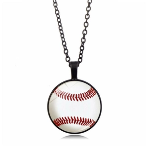 Close-up of baseball pattern glass cabochon pendant on black alloy chain necklace