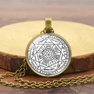Pendentif sceau des sept archanges en verre vintage avec chaîne en bronze et sigils