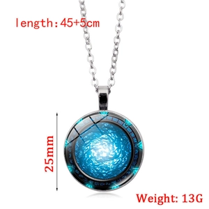 Stargate Atlantis time gem pendant necklace with blue galaxy design and rune charms